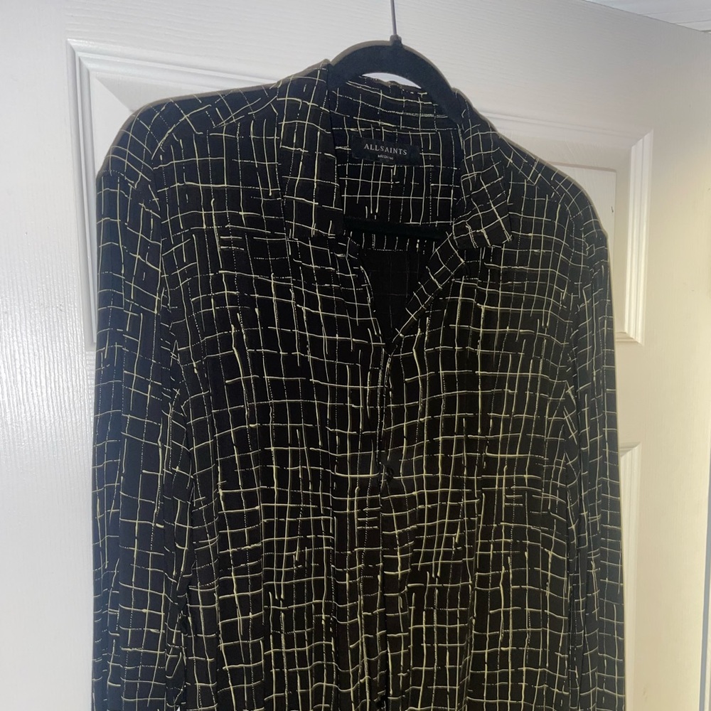 AllSaints Black w/ Gold Cross Hatch pattern fleck loop collar button down shirt